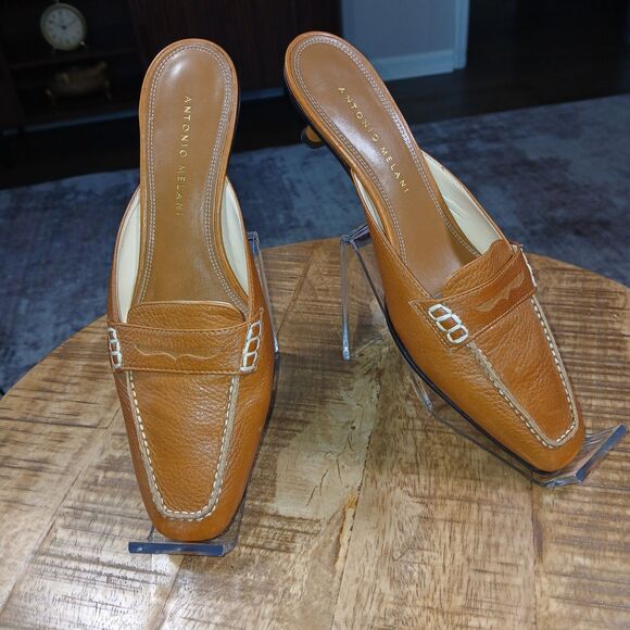 Antonio Melani "Nantucket" Brown Leather Loafer Mules Heels 6M Classic Style - Picture 4 of 12